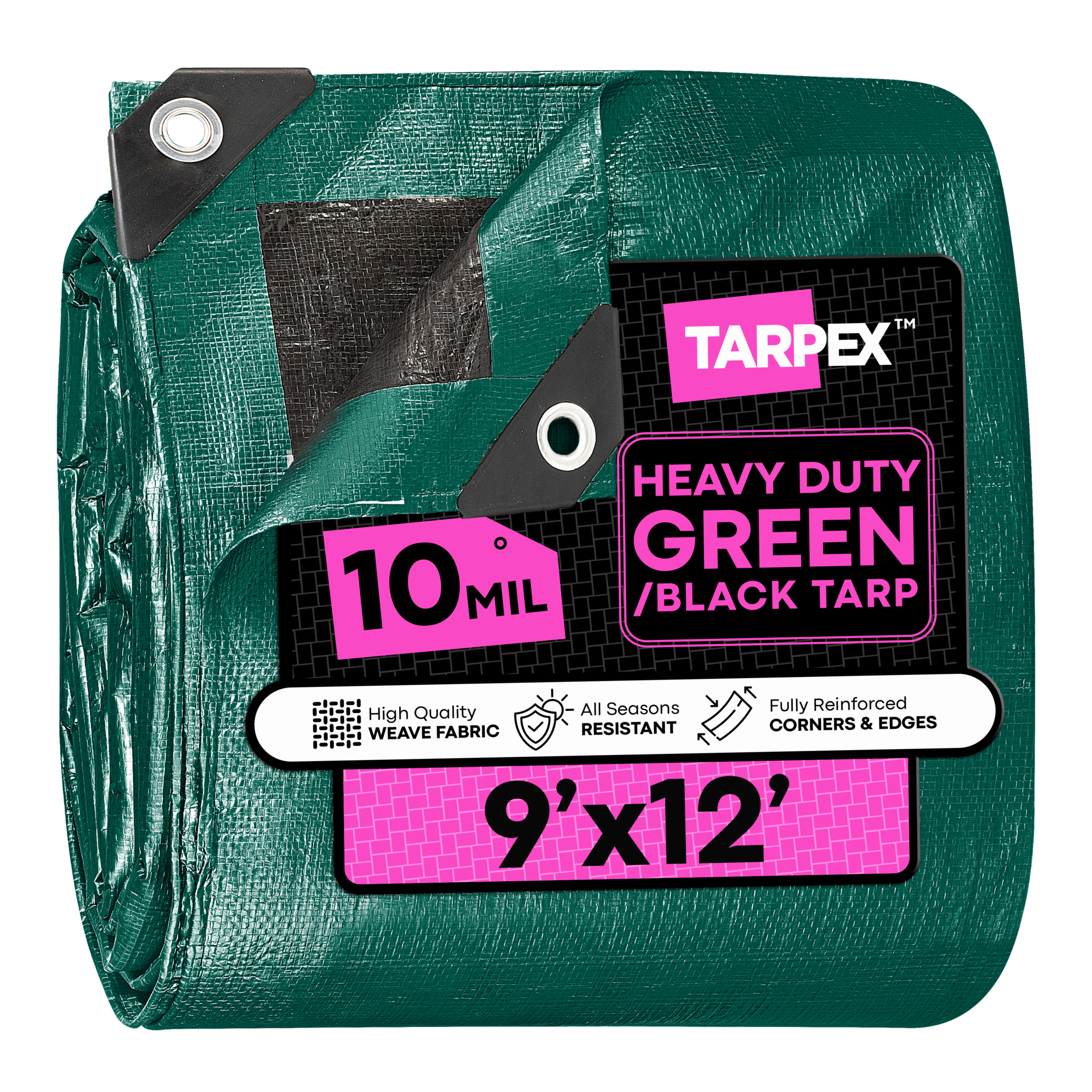 TARPEX 9' x 12' Green/Black Waterproof Heavy-Duty 10 Mil Polyethylene Tarp with Reinforced Edges – Multipurpose Outdoor Cover